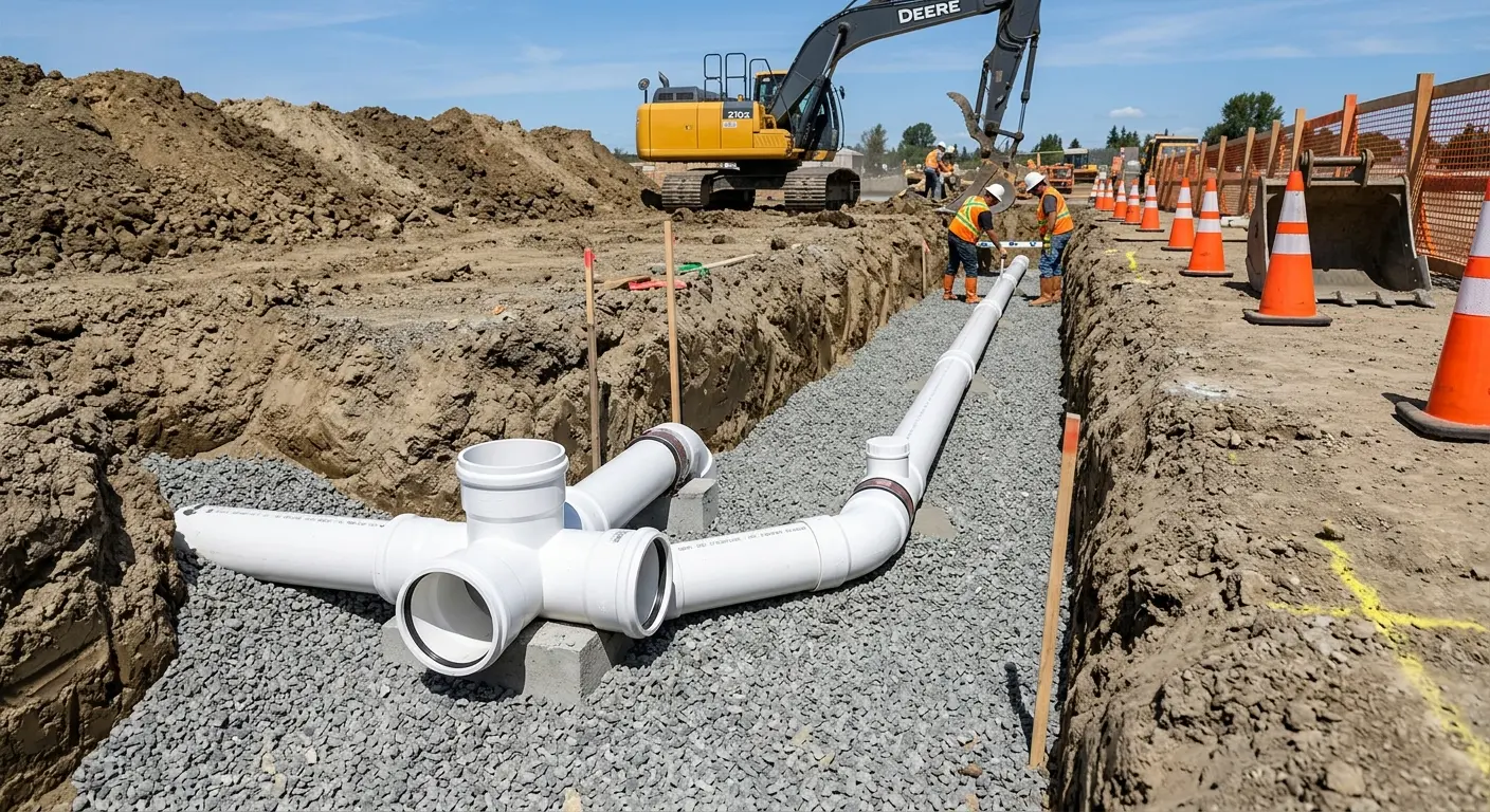 New PVC sewer pipe installation in open trench for Sewer Backup in Hamburg