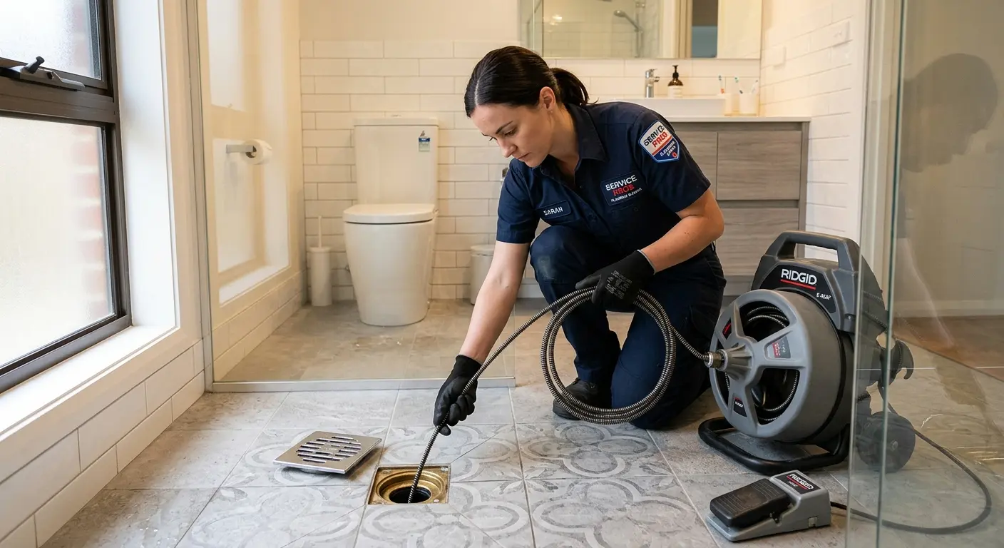 Technician clearing a bathroom floor drain for Hydro Jetting in Hamburg